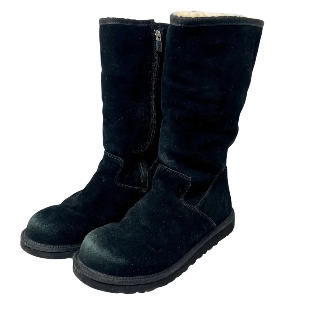 UGG Black Suede Zip Sunshine Tall Boots‎ Sz 6 Shearling Winter Snow Classic 90s